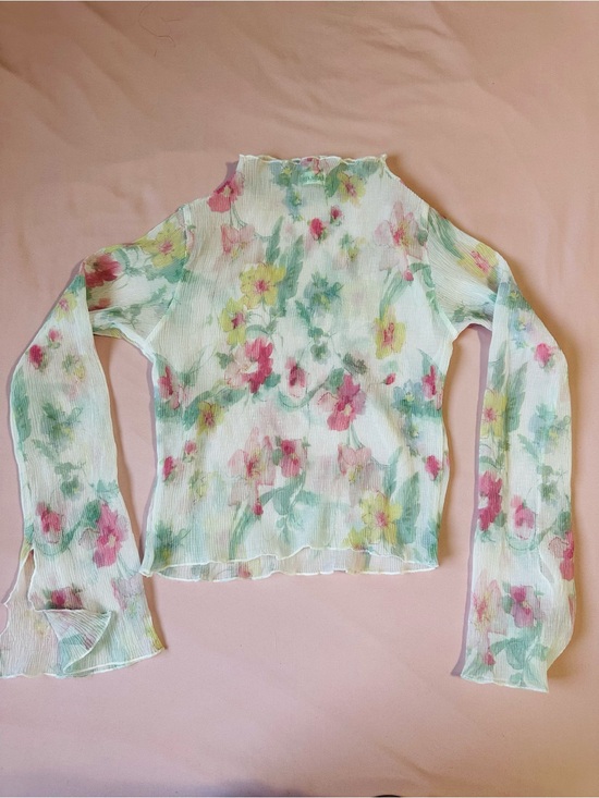 Tops - Floral Long-Sleeve Mesh Top - White with Pink & Green Floral Print